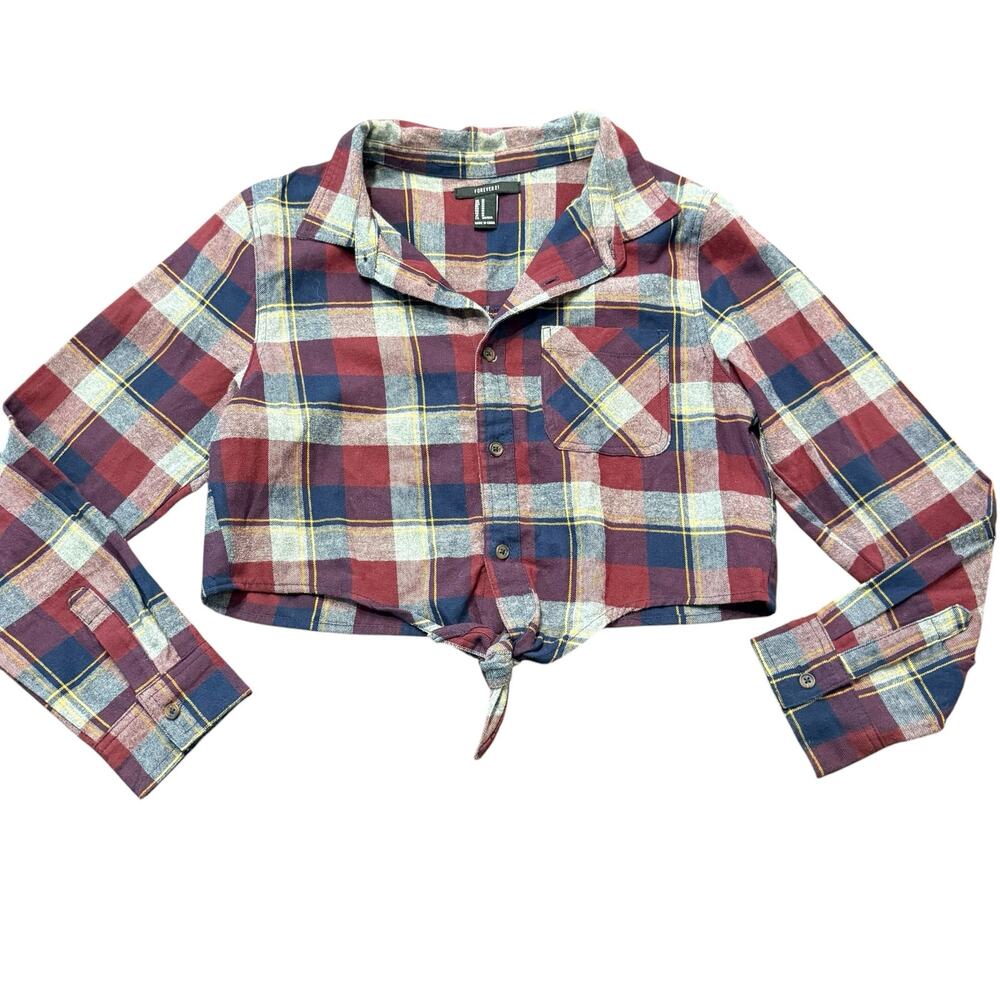 Forever 21 maroon/navy flannel plaid button down with tie front, cropped, M